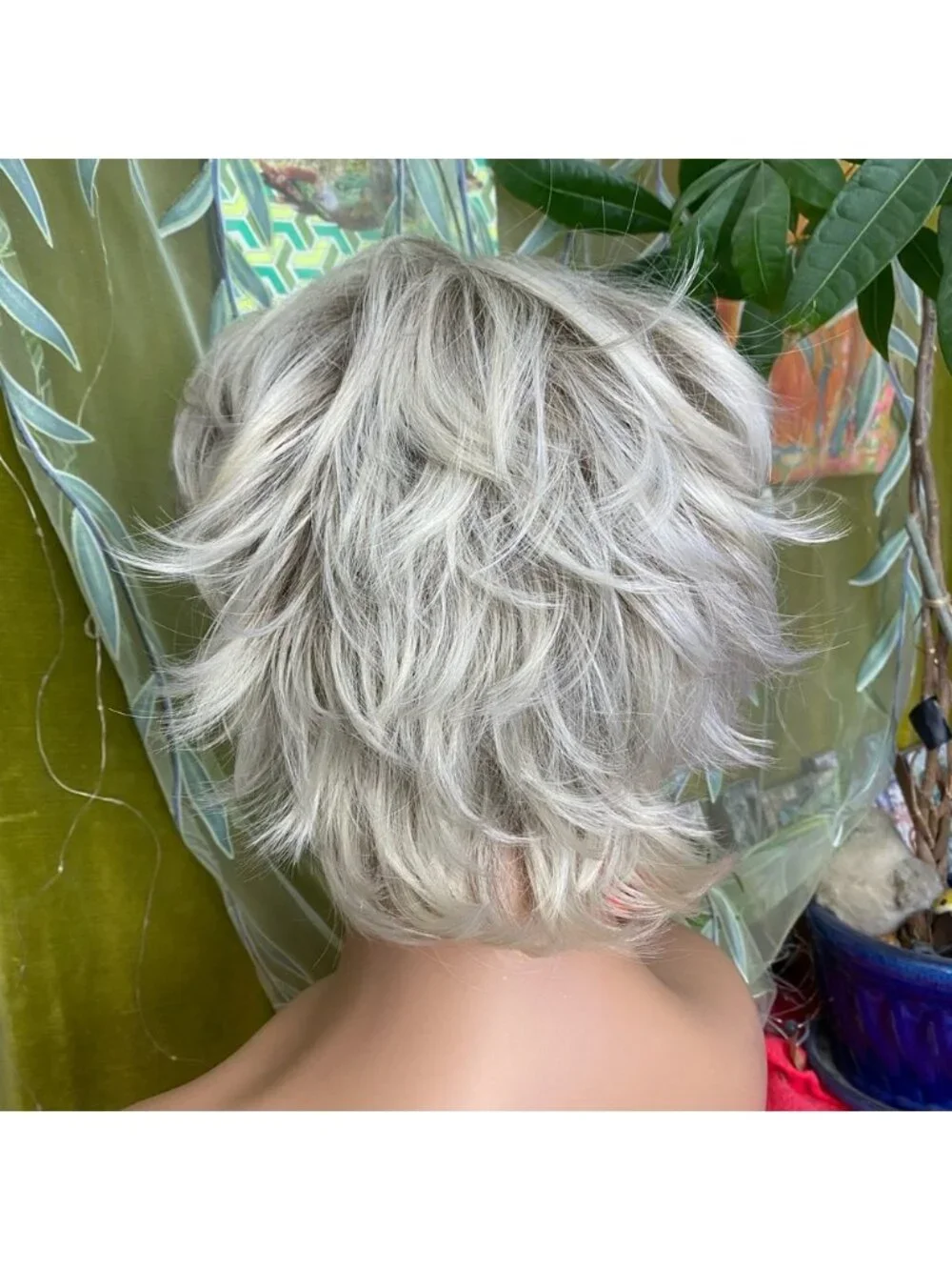 ash platinum blonde rooted shaggy pixie bob wig